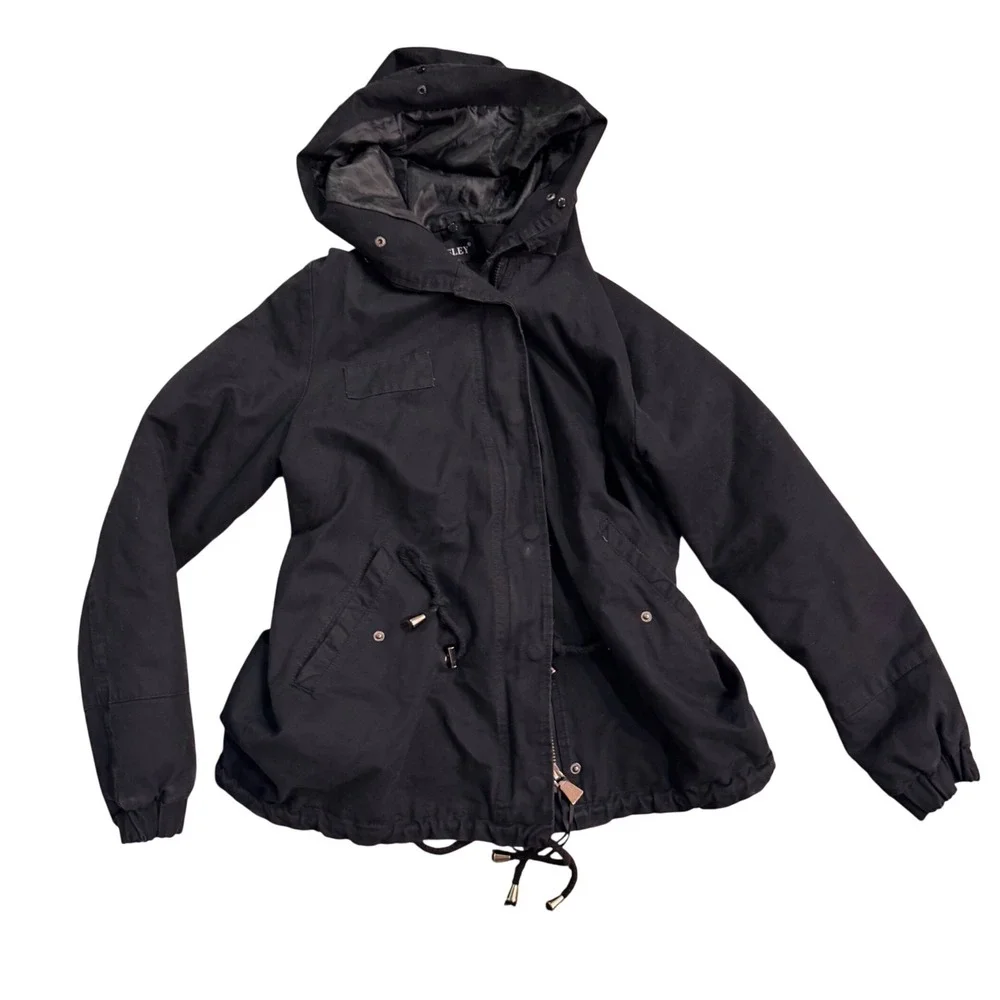 OSLEY Adjustable Black Cotton Blend Jacket w/ Rainbow Faux Fur Hood‎ Size 38